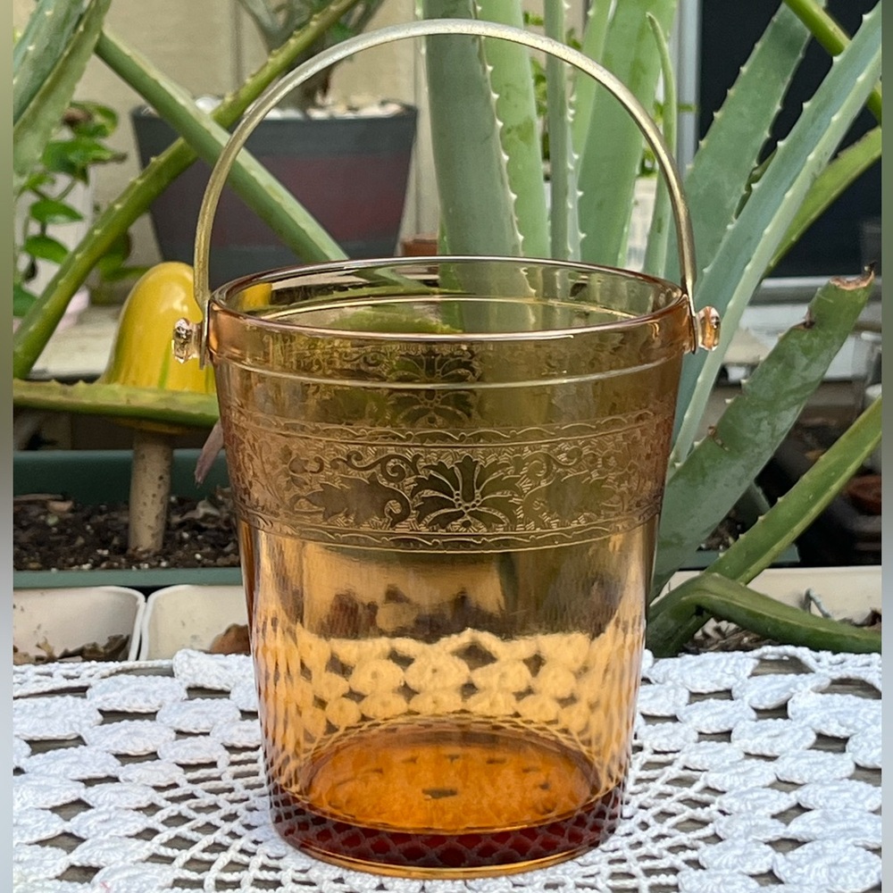 Vintage Amber Etched Ice Bucket with Brass Handle